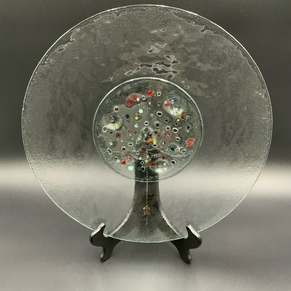 Handmade Footed Fused & Bubble Glass Platter/Wall Hanging “Sand Pebbles” - Picture 6 of 9